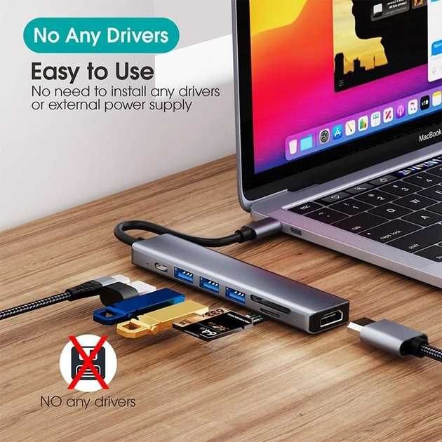 Адаптер Onvian HUB 7in1 USB-C to USB-3шт/HDMI/TF SD Slot/PD Adapter