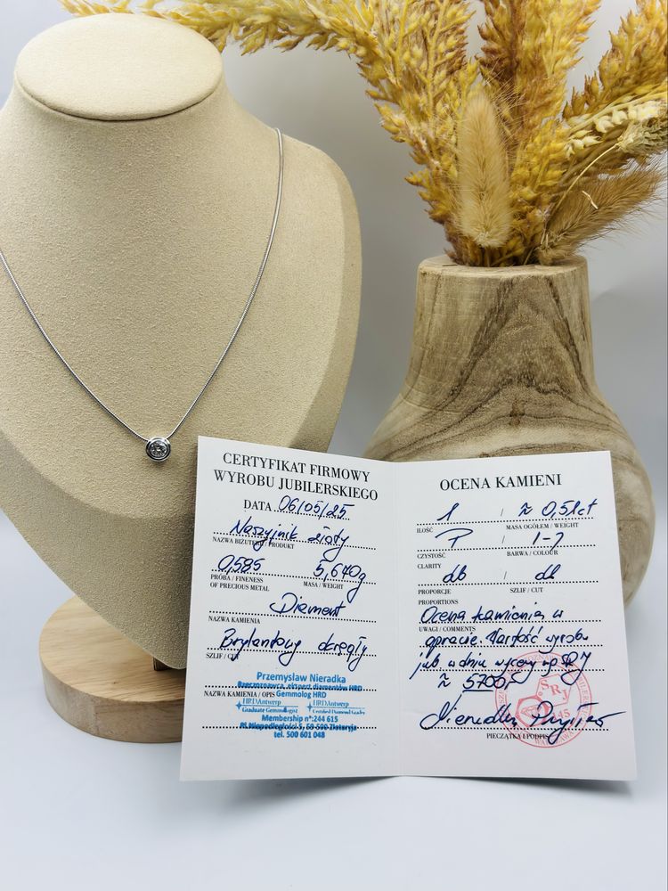 Naszyjnik Złoty z Brylantem 585/14k 0.51ct 45cm Certyfikat