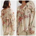 H&M owersizowa bluzka 2XL-5XL z falbankami śmietankowa w duże kwiaty