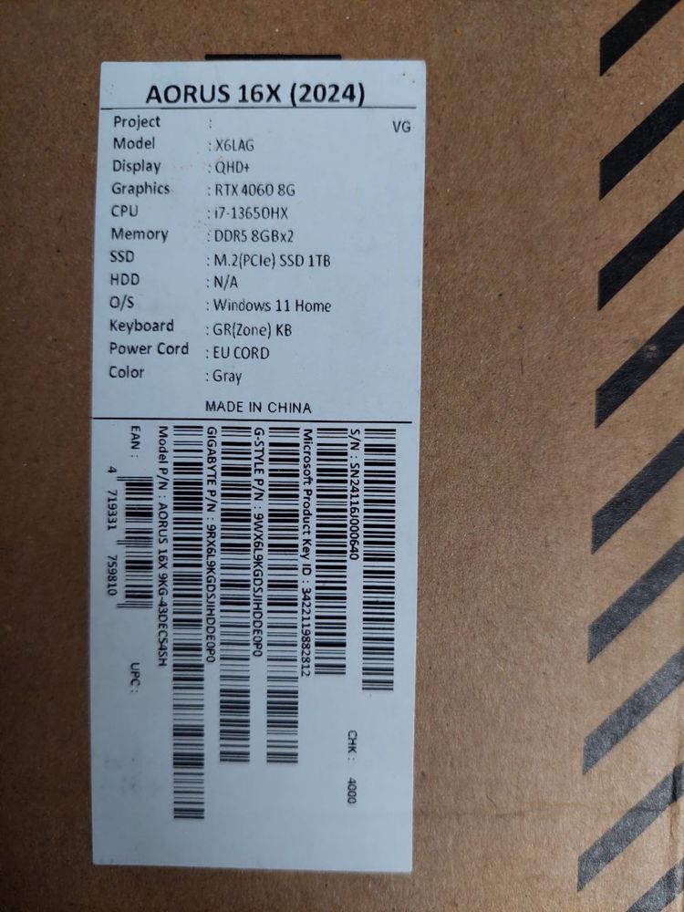 Ігровий Ноутбук Gigabyte aorus 16x 9kg 2024 (9kg-43dec54sh)