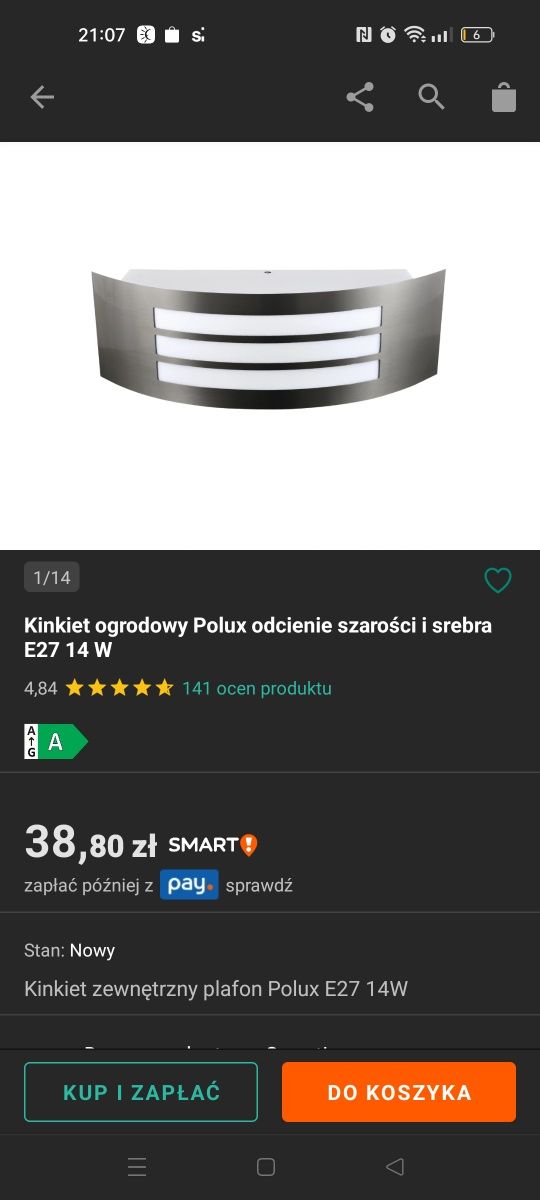 Kinkiet ogrodowy Polux srebrny z odcieniem  szarości