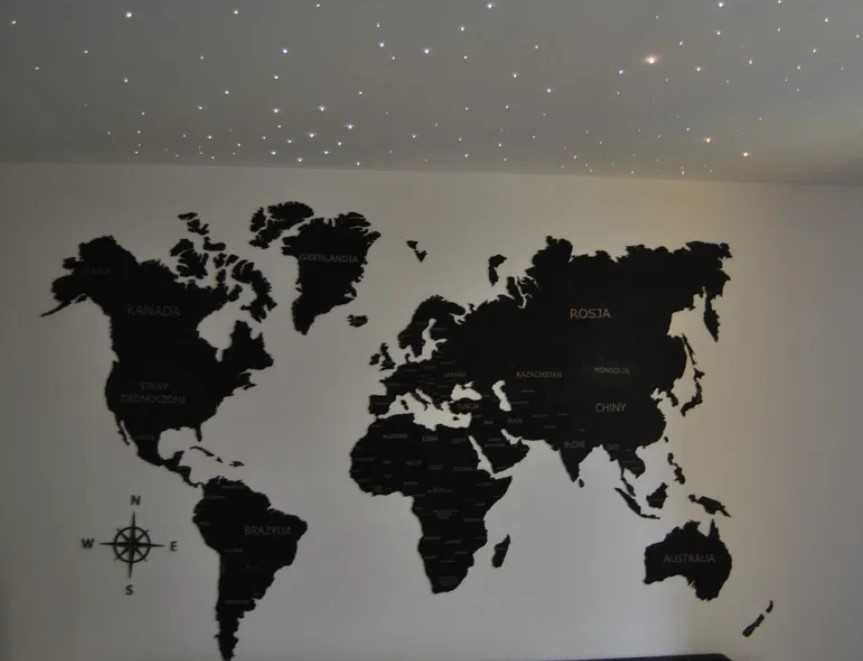 Nowa drewniana Mapa Świata w kolorze czarnym 210x126 cm