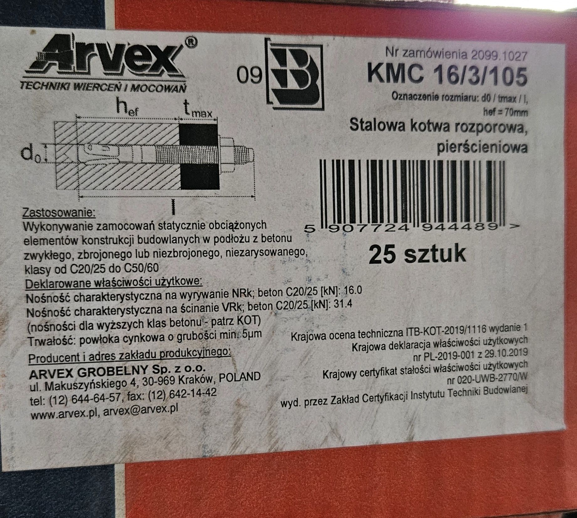 Arvex KMC 16/3/105 Kotwa pierścieniowa 

producent: ARVEX