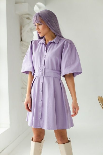 Лавандова, бузкова сукня-сорочка з об'ємними рукавами