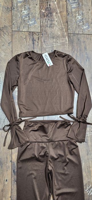 Komplet damski bluzka top legginsy czekolada wysoki stan wiązania S M