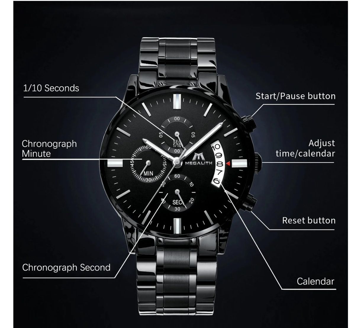 Megalith zegarek Chronograf Stal Japan movt  Wodoodporny męski