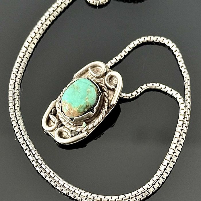 Srebrny naszyjnik z naturalnym Turkusem z ok. 1970 roku, próba 925