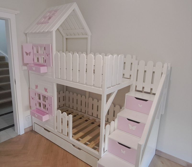 Łóżeczko domek drewniany łóżko piętrowe 80x160