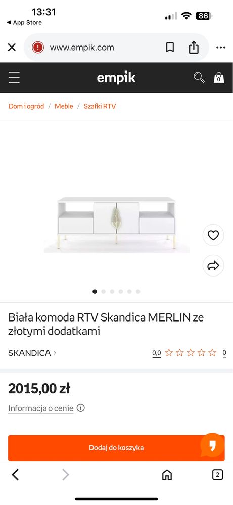 Szafka RTV Skandica MERLIN – biała ze złotymi dodatkami, stan idealny