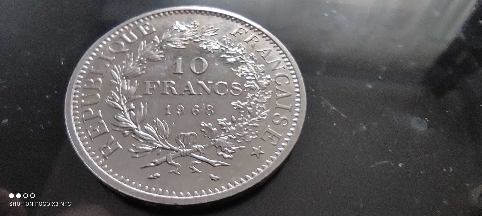 Srebrne monety zestaw 8 sztuk 10 franków z lat 1965 do 1970 srebro Ag