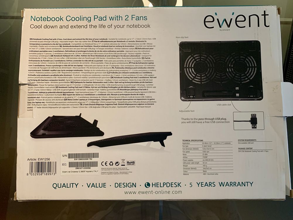 Base Notebook Cooling Pad Ewent até 17” com duas ventoinhas c/o Nova
