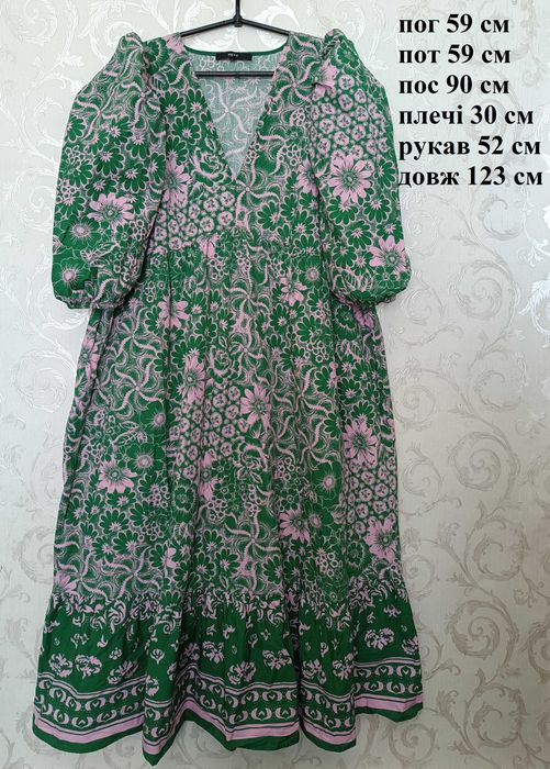 євро 46 / 50-52-54 довга сукня зелена в рожевих квітах бавовна платье