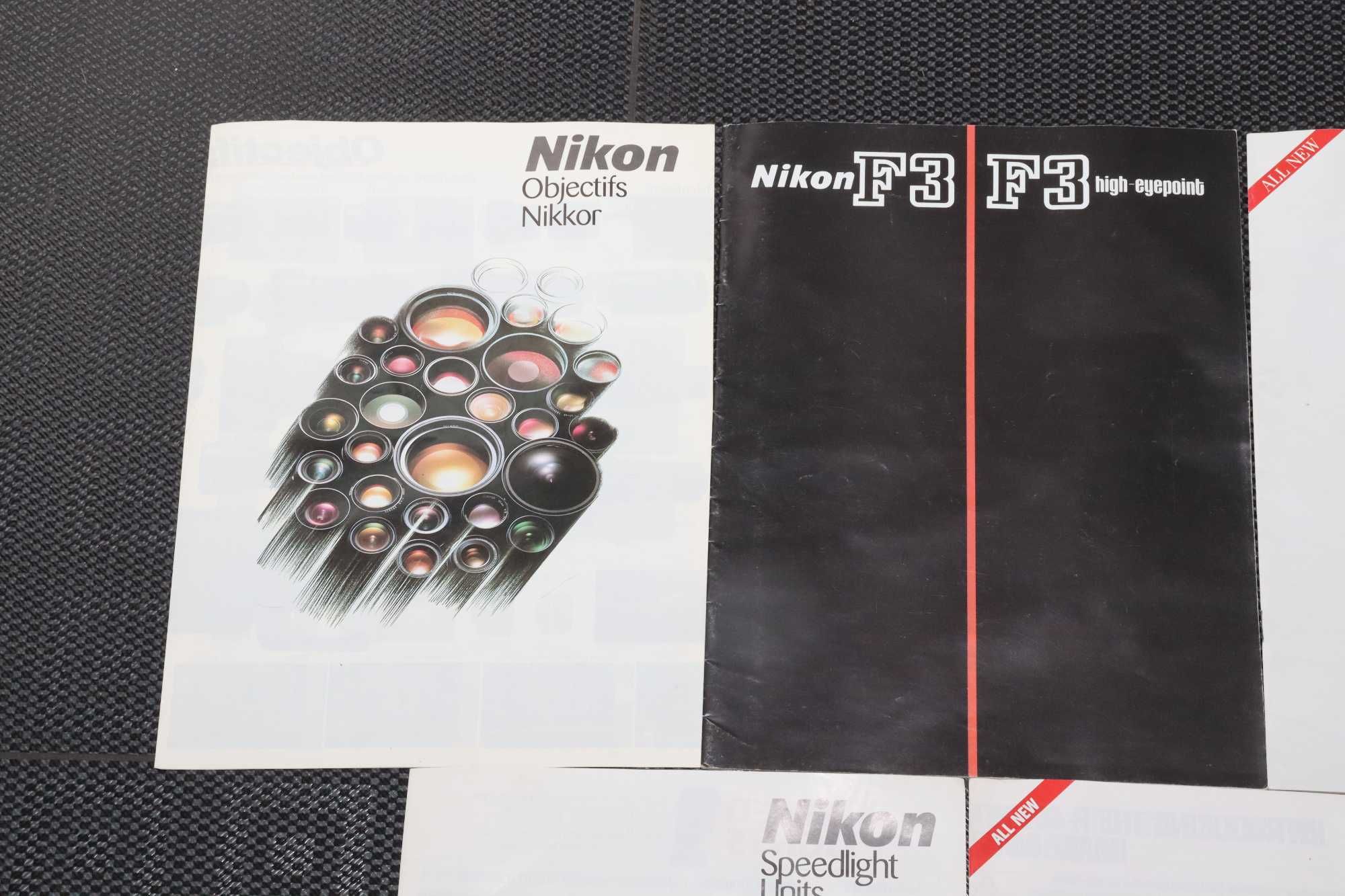NIKON zestaw katalogów prospektów F3 F-801 F-401 obiektywy lampy