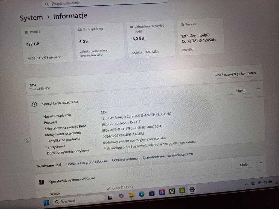 MSI Thin GF63 12VE/ i5-12450H/ 16GB/ RTX 4050 6GB/ 28.12.24 z EURO