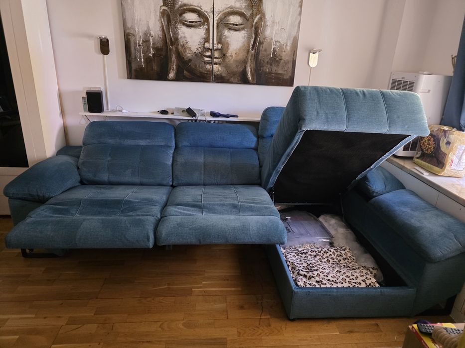 Sofá chaise long + 2 relax + baú