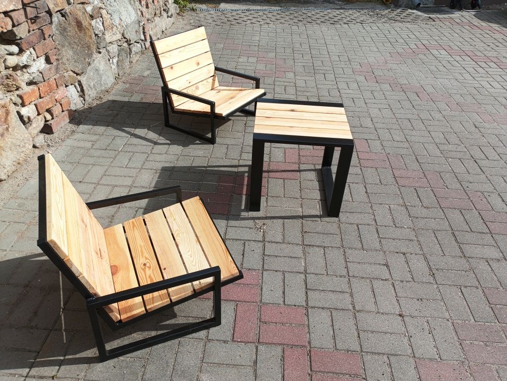 Stylowy zestaw ogrodowy LOFT – 2 fotele + stolik – drewno i stal, ręcz