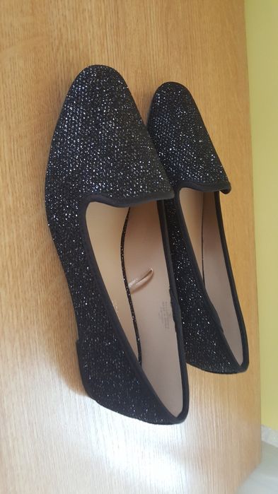 Buty czarne baleriny brokatowe płaskie wsuwane połysk