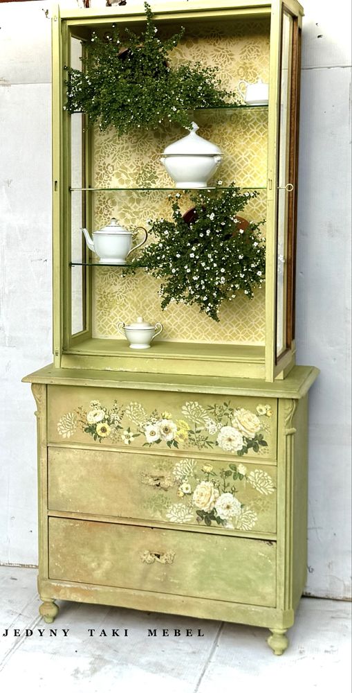 Witrynka komda z nadstawka vintage zielen shabby chic