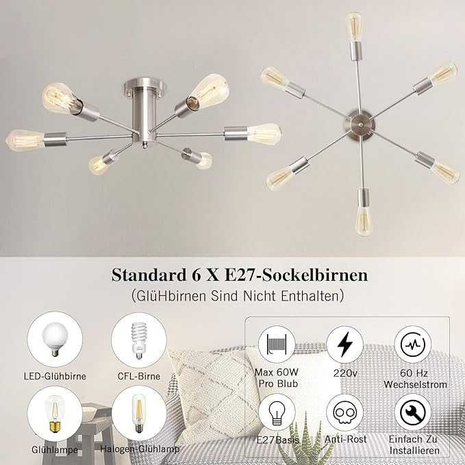 Lampa Sufitowa Vintage E27, 6-ramienna, Srebrny Nikiel Ø 56 cm