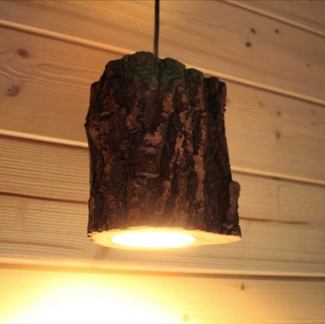 -- Drewniana DĘBOWA Lampa Wisząca Sufitowa Dąb -- Pień -- FAKŁY --