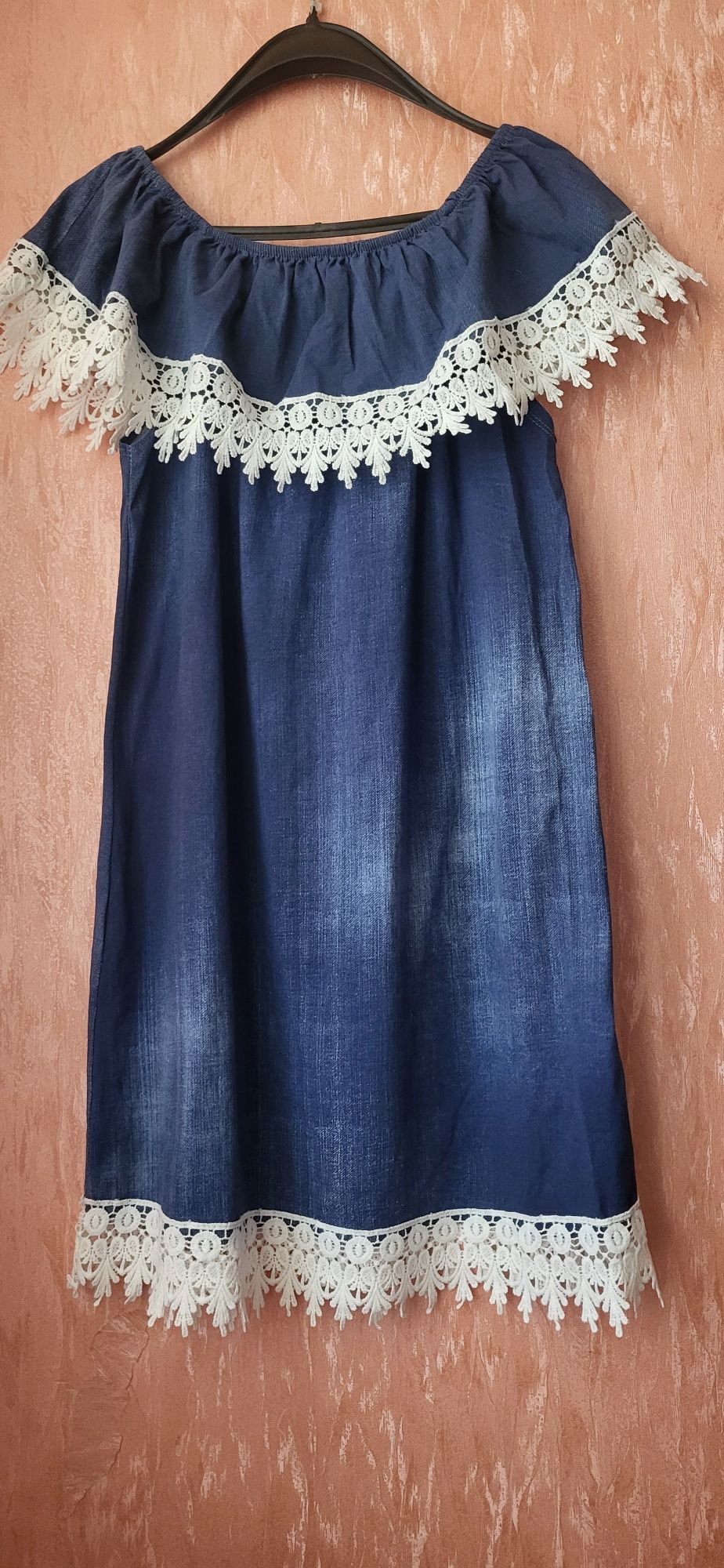 Платье сарафан с кружевом трикотаж деним ,,под джинс,, L-XL