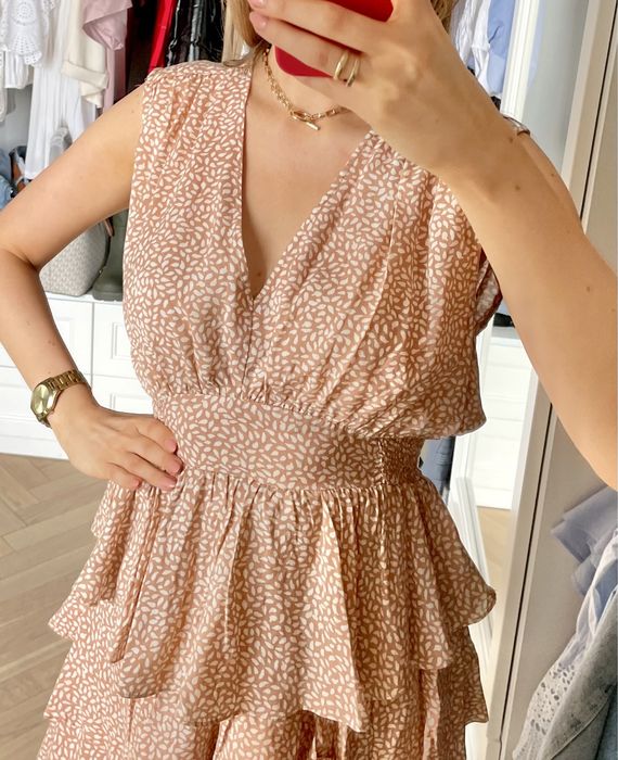 H&M bluzka falbana falbanka top beżowy dots cielisty białe plamki S