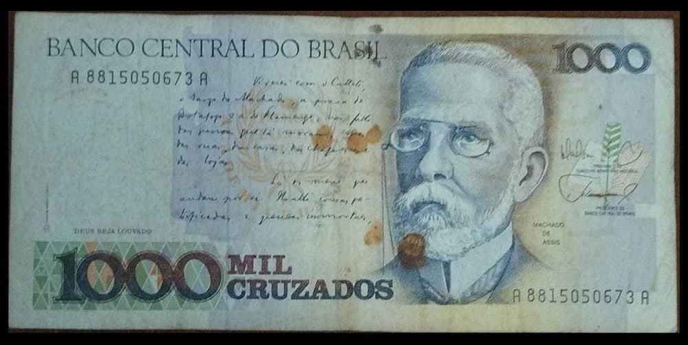 Nota de 1000 cruzados referência ao Machado de Assis
