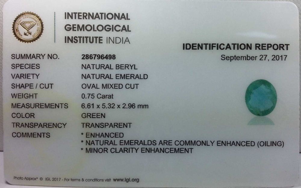 Esmeralda 0.75 ct + certificado IGI
