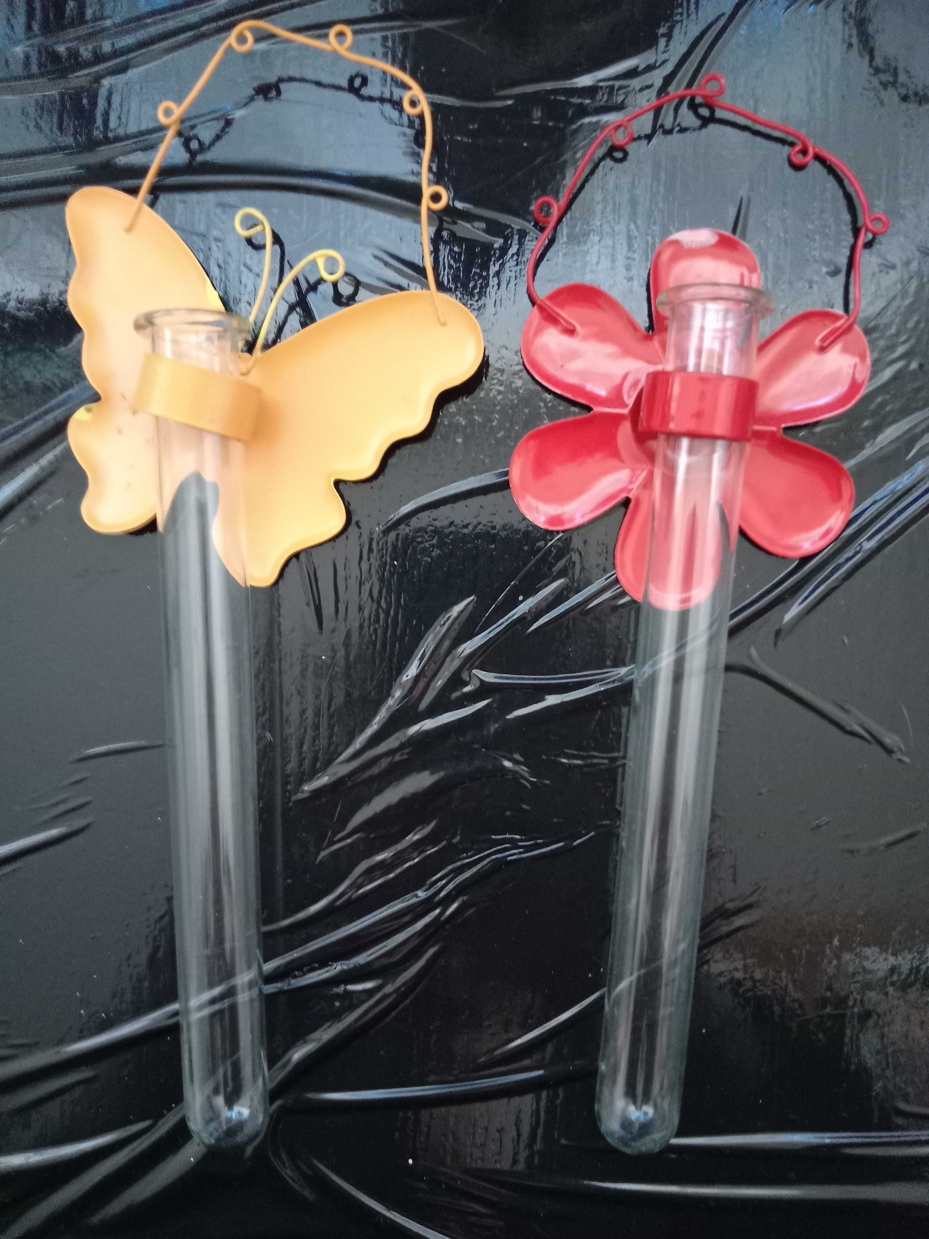 Żółty Motyl i Czerwony Kwiat Zestaw pięknych wiszących wazonów Unikat!