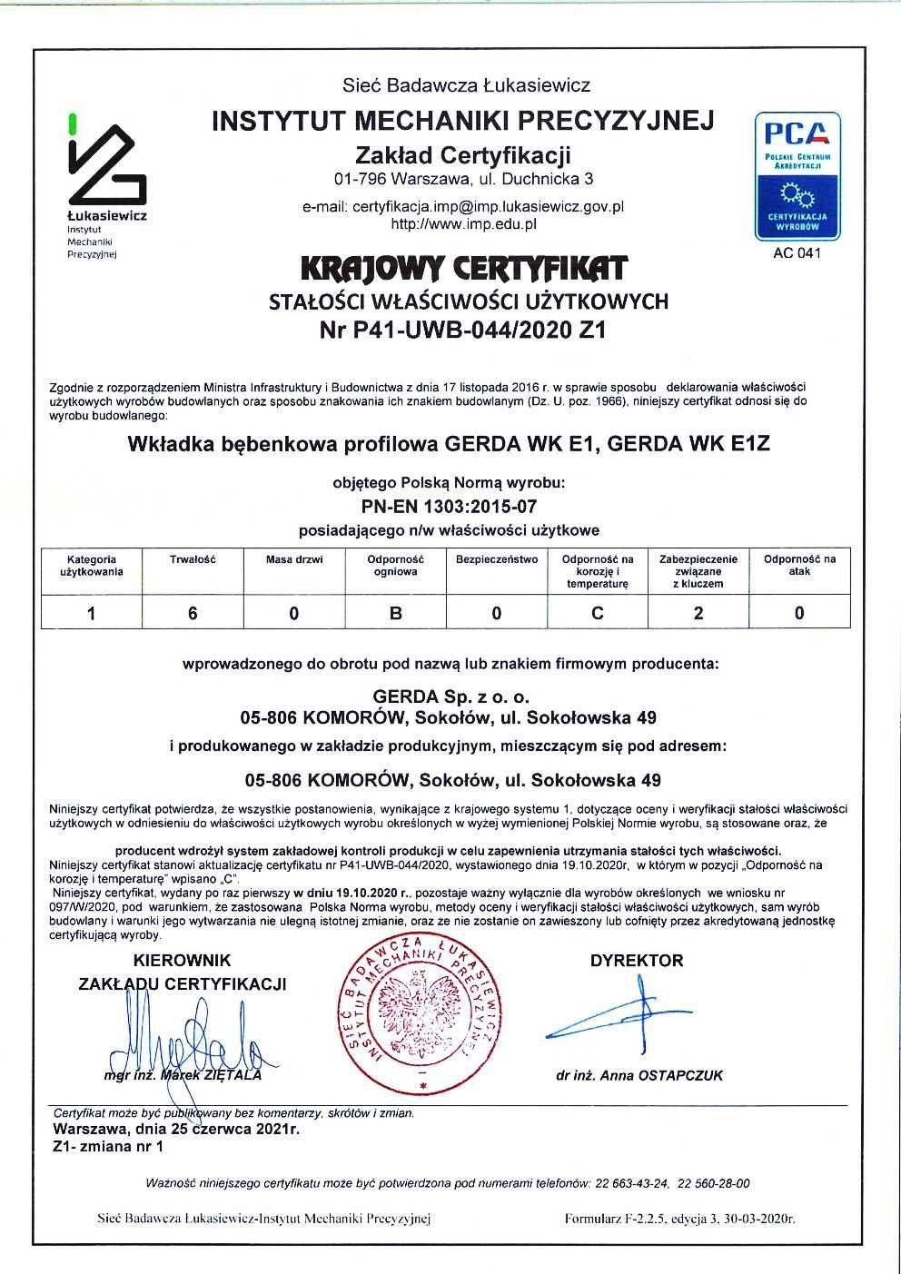 Wkładka bębenkowa do drzwi GERDA WK E1 30/50 Nikiel 3 klucze WYSYŁKA!