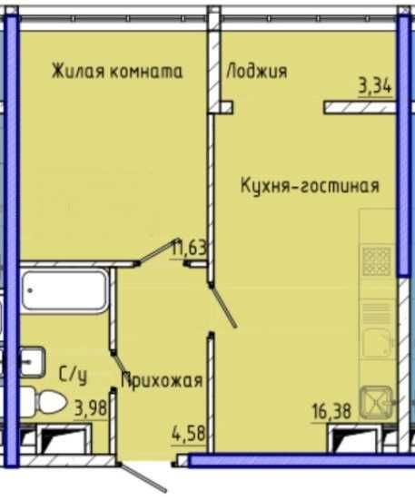 Однокомнатная квартира в ЖК 45 Жемчужина/Каманина/Аркадия Кухня 16 м2