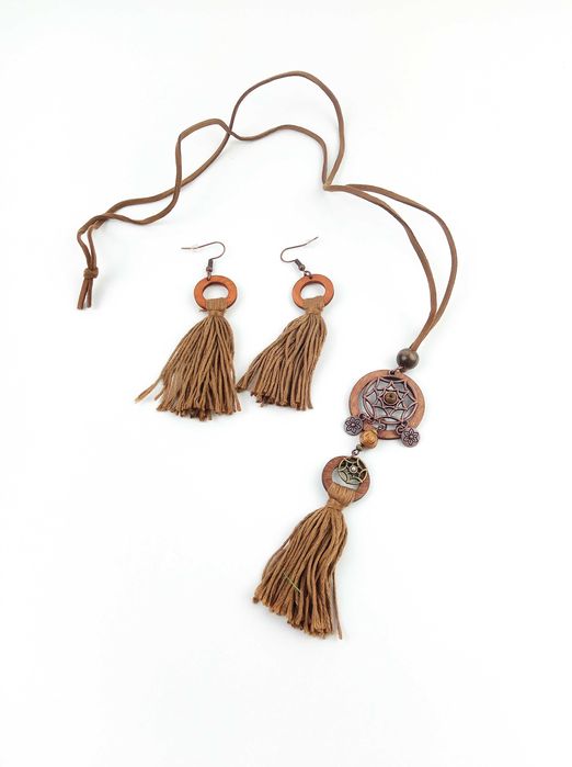 Nowy brązowy komplet biżuterii damski długi naszyjnik i kolczyki  boho