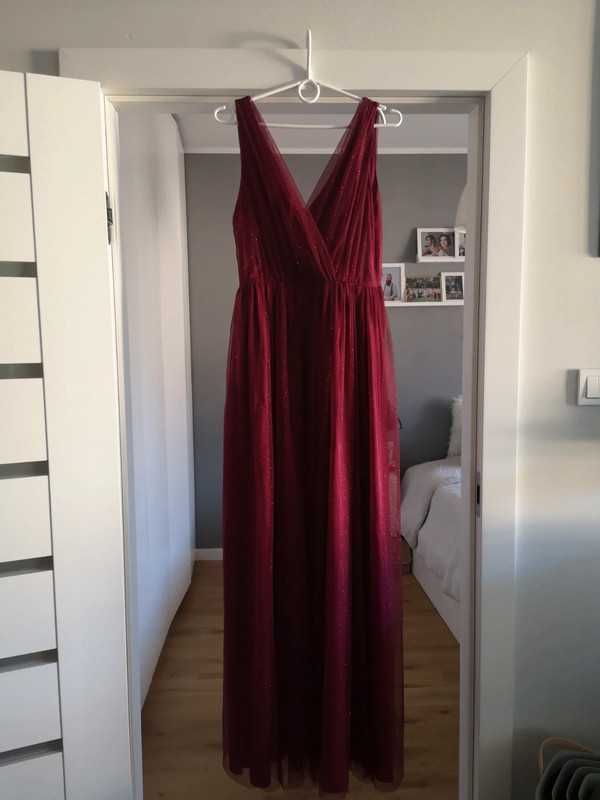 Sukienka studniówka wesele do ziemi maxi bordowa brokat Emo Agnes S 36