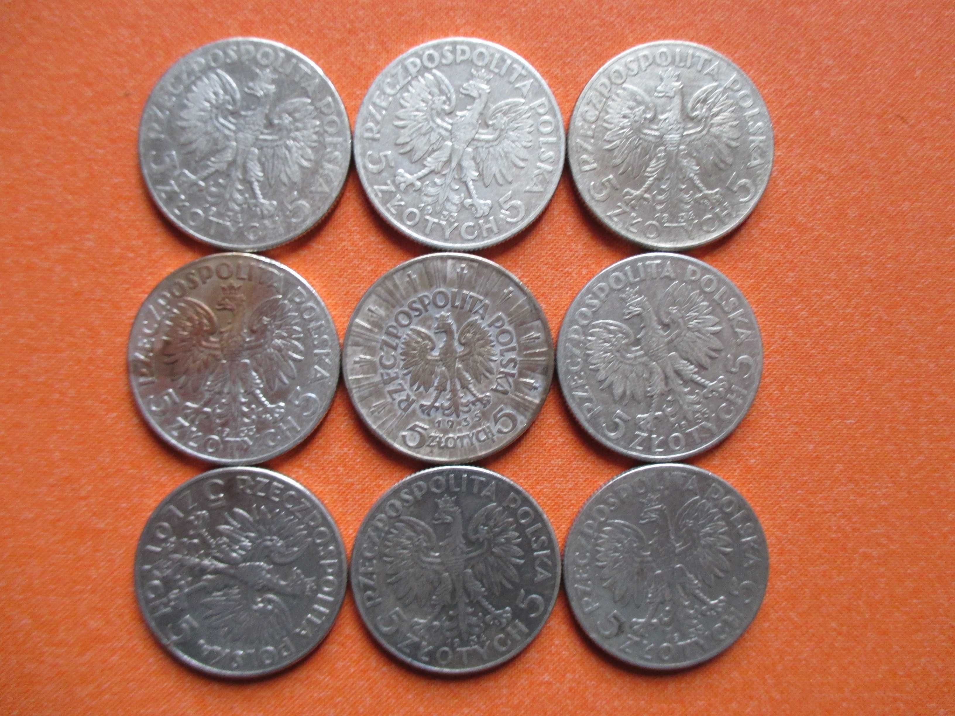 Zestaw srebrnych monet 5 zł z 1932,33,34 i 35 r. 9 szt. Oryginały !!!