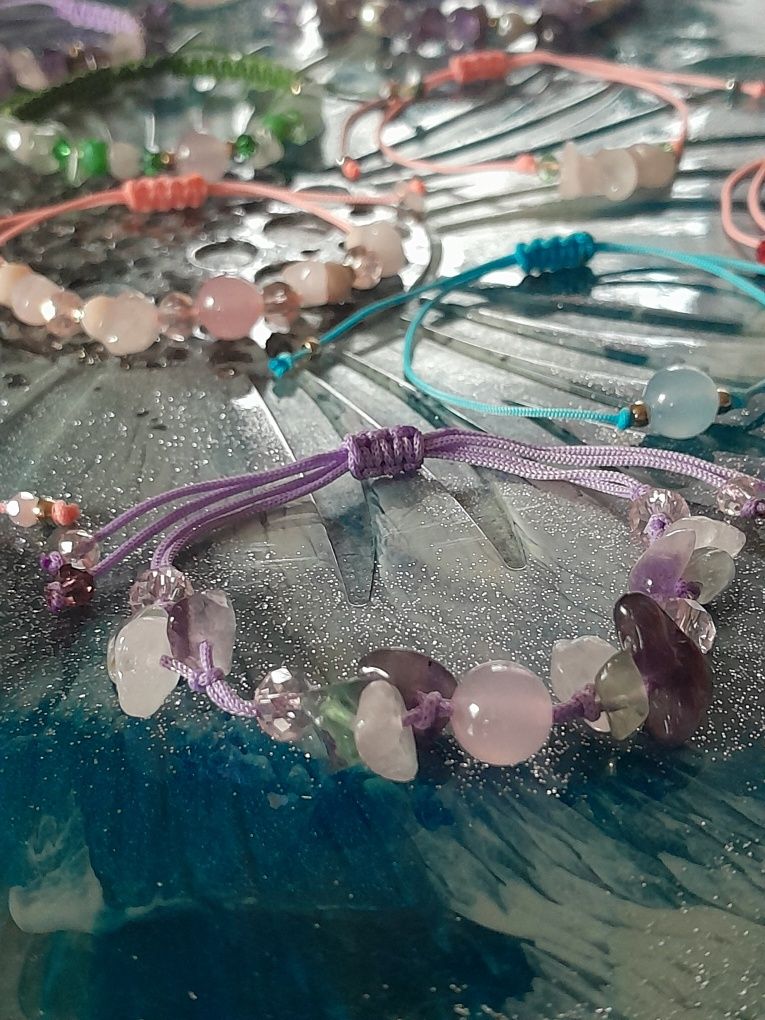 Kamienie naturalne Bransoletka Sznurkowa Ametyst Kwarc Chalcedon