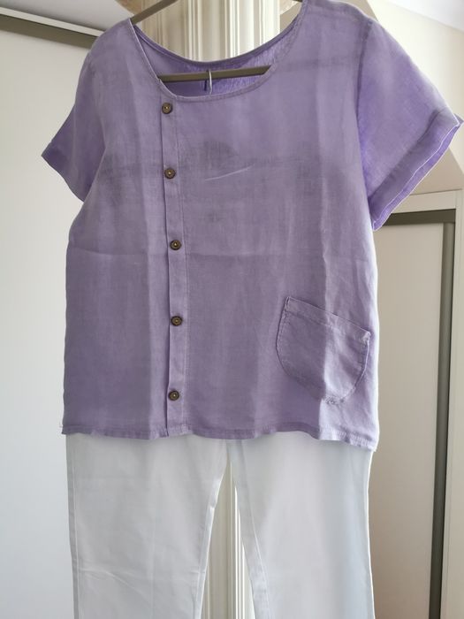 Lawendowa bluzka LEN + bawełnawłoska jakość, guziczki, kieszonka