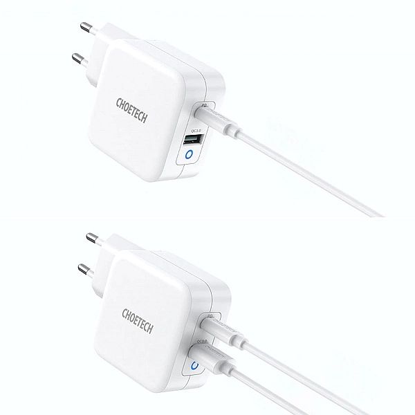 Choetech szybka ładowarka sieciowa GaN USB Typ C PD USB-A QC3.0/65W 3,