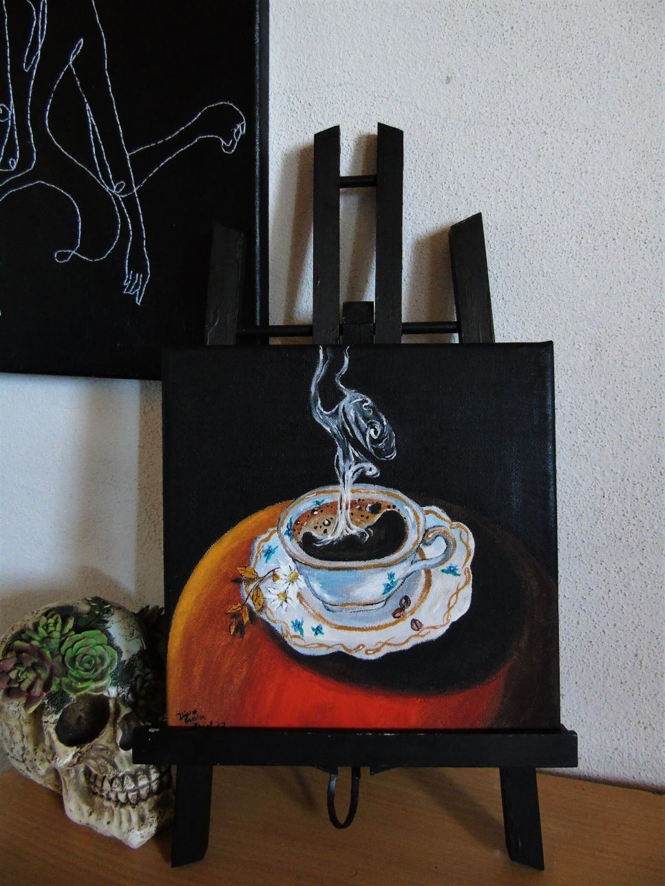 Quadro chávena de café pintado à mão em tela a óleo