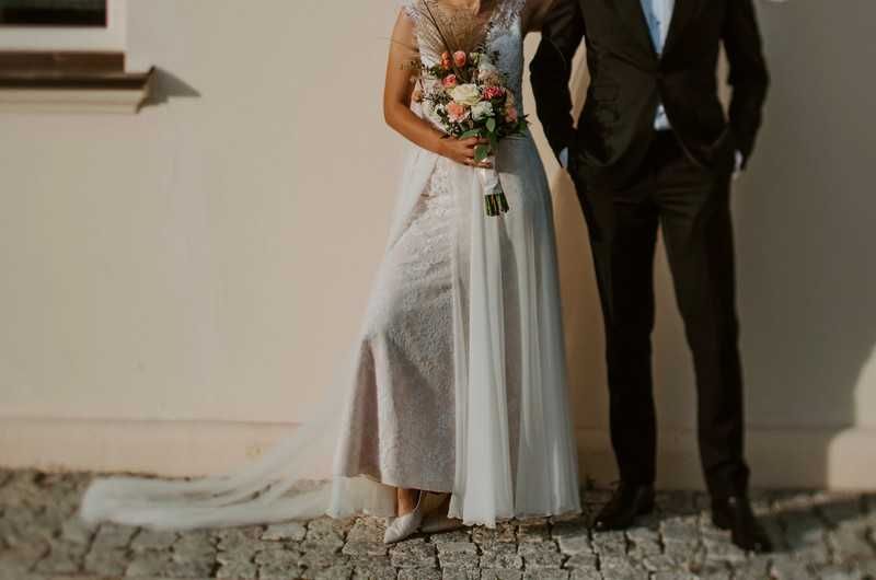 Rozkloszowana suknia ślubna z pięknego muślinu 36-38 S/M
