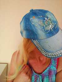 Bajeczna czapka damska z daszkiem jeans perełki kryształki GRATIS WYS.