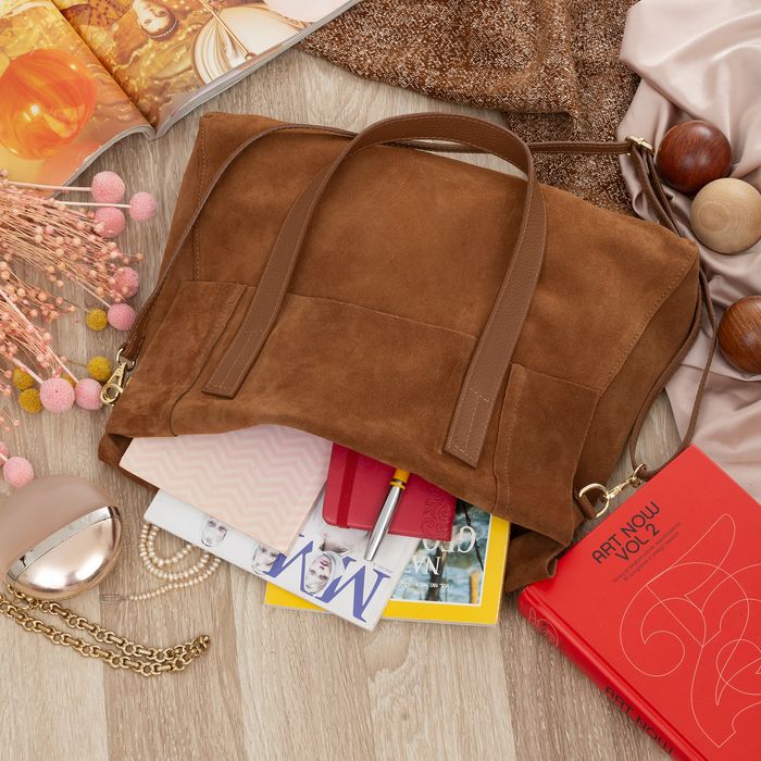 VERA PELLE torebka damska zamszowa shopper z paskiem V676 camel