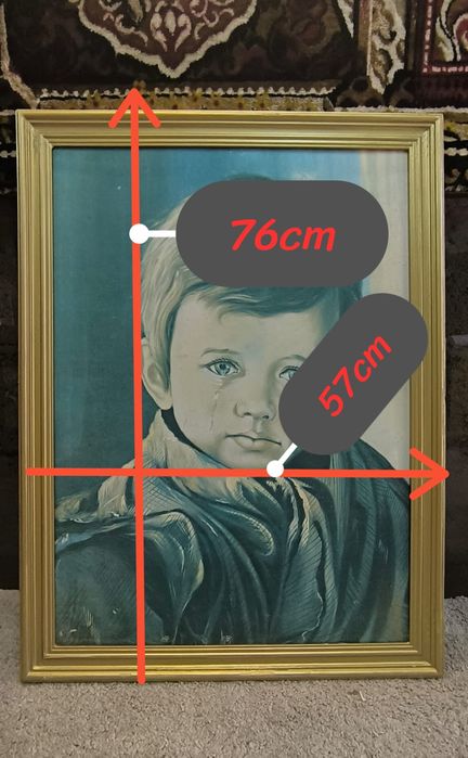 Quadro muito antigo, "Menino da lágrima" com moldura em madeira dourad