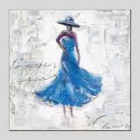 obraz do salonu dama w niebieskiej sukni ręcznie malowany