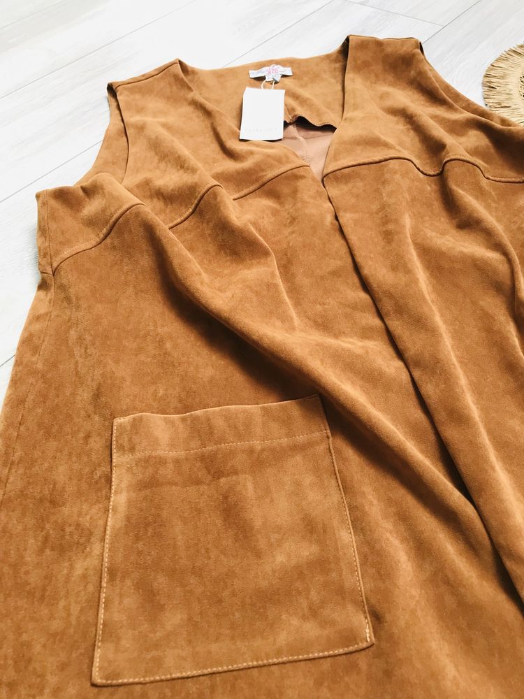 Długa kamizelka wiosenna bezrękawnik brązowy 3xl 4xl elegancki