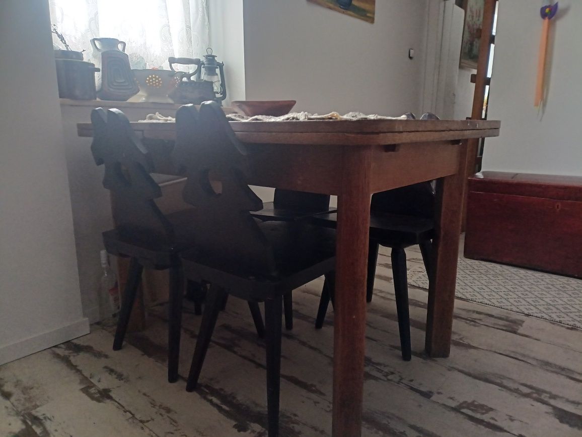 PRL komplet - stary stół+4 krzesła DREWNO