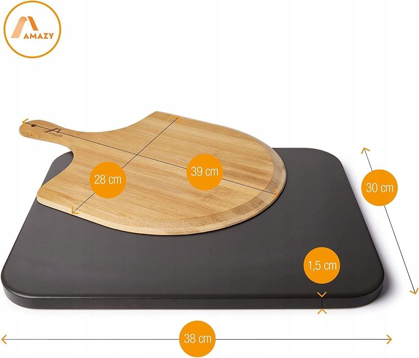 Kamień do pieczenia pizzy z szuflą prostokątny do 600° 30x38x1,5cm