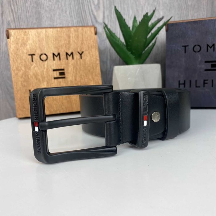 Мужской подарочный кожаный ремень Томми Халфайгер черный Tommy Hilfige