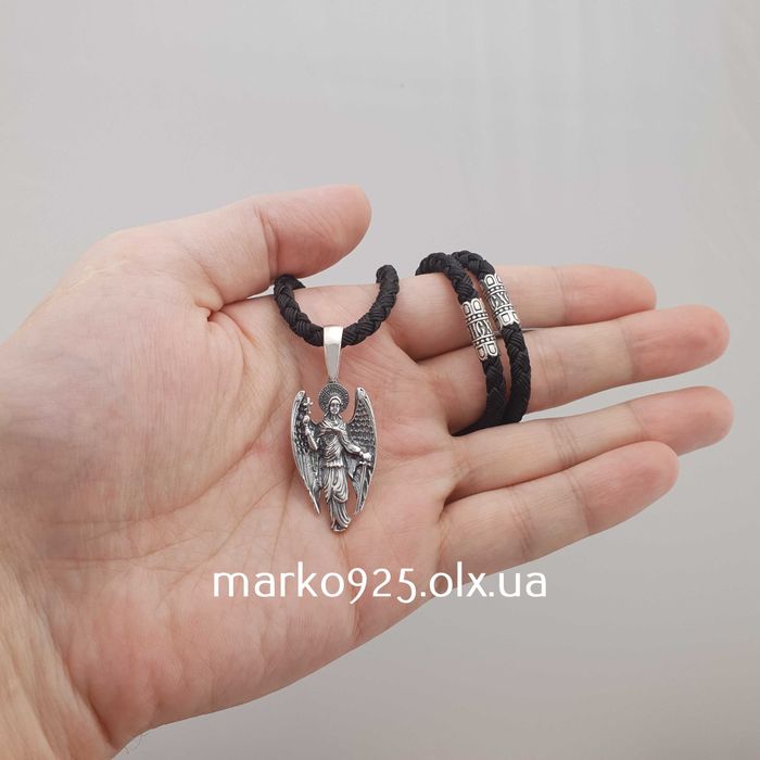 Срібний оберіг Архангел шовковий шнурок джгут зі срібними вставками