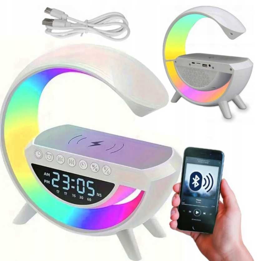 LAMPKA LED RGB Ładowarka INDUKCYJNA QI Głośnik budzik Radioi Zegar uSB