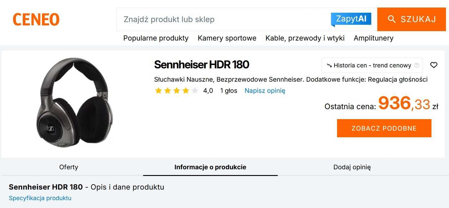Słuchawki Bezprzewodowe Sennheiser HDR 180 + Stacja Dokująco ładująca
